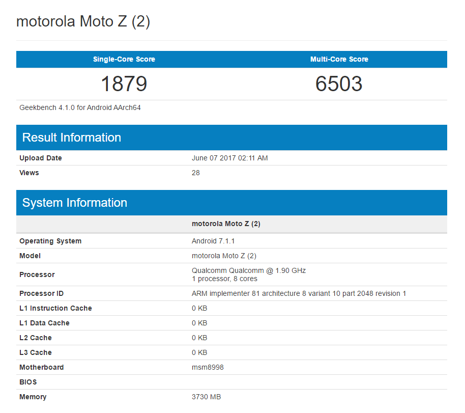 Upcoming Moto Z2 smartphone hits Geekbench, listed with Snapdragon 835