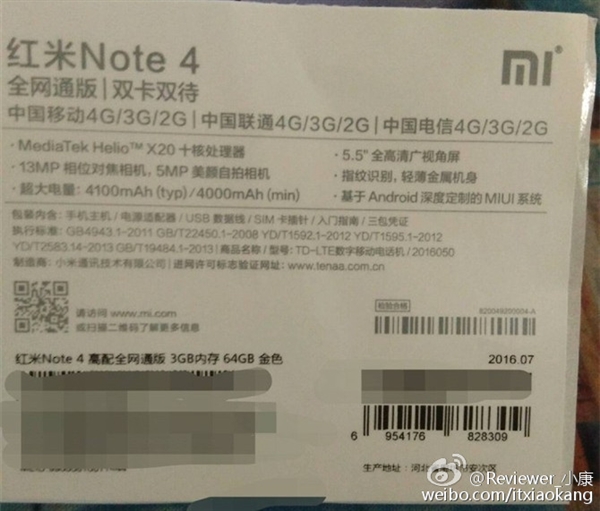 Redmi Note 4 specs leak