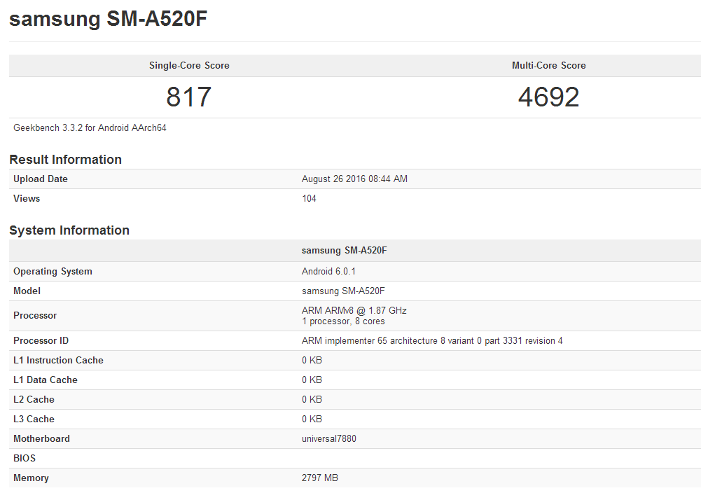 Samsung Galaxy A5 2017 geekbench