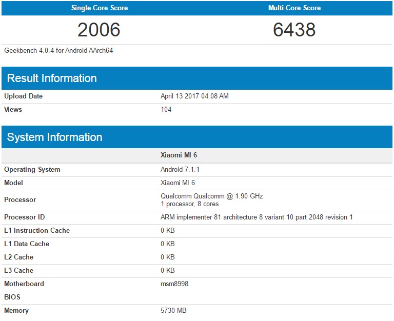 Xiaomi Mi 6 Geekbench Score