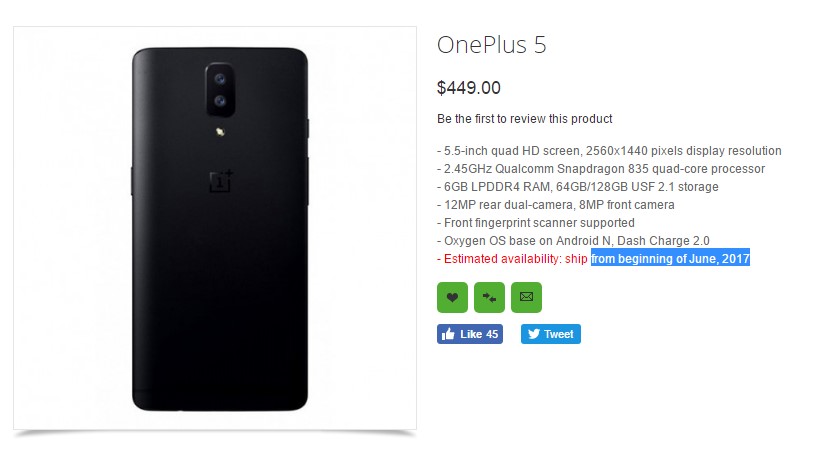 OnePlus 5 Oppomart listing