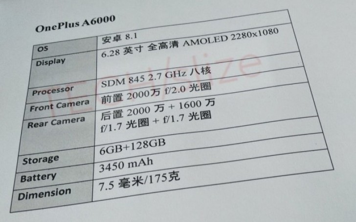 OnePlus 6 specs sheet leak