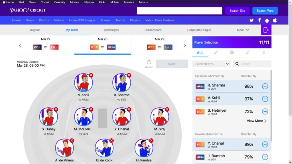 Yahoo Daily Fantasy Cricket - My Team